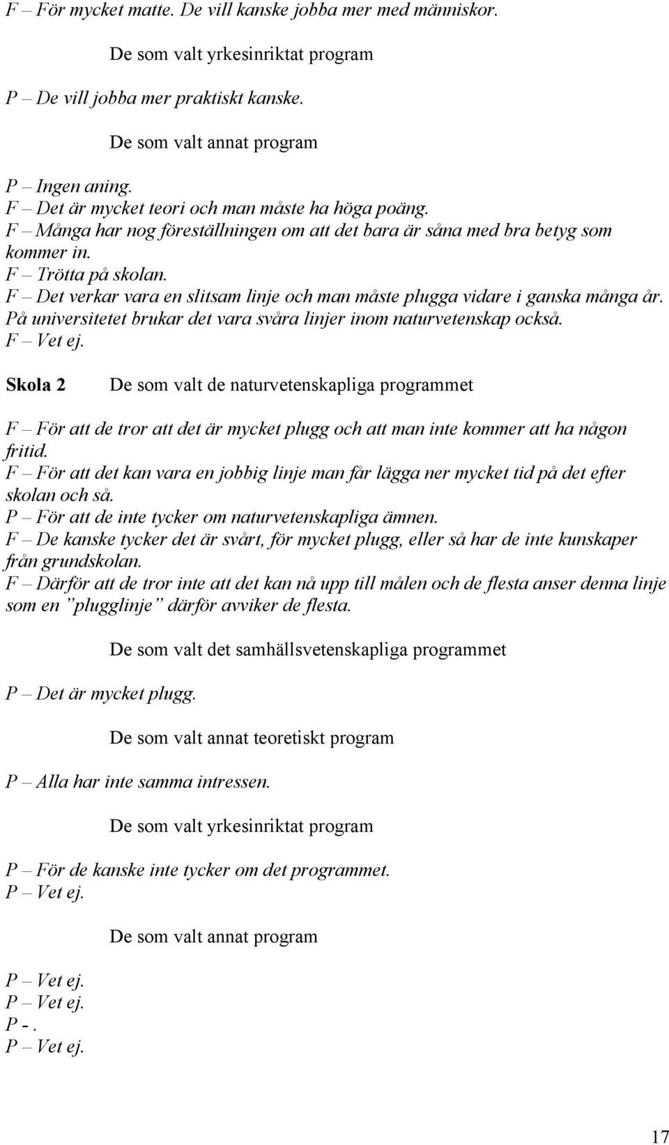 F Det verkar vara en slitsam linje och man måste plugga vidare i ganska många år. På universitetet brukar det vara svåra linjer inom naturvetenskap också. F Vet ej.