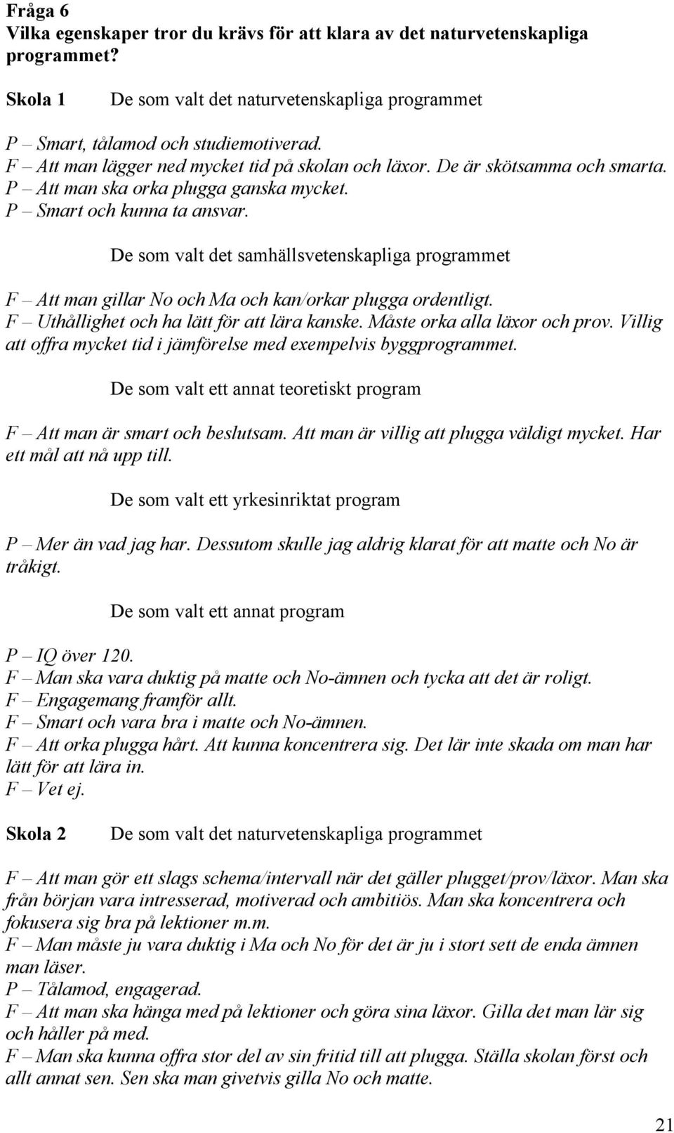 De som valt det samhällsvetenskapliga programmet F Att man gillar No och Ma och kan/orkar plugga ordentligt. F Uthållighet och ha lätt för att lära kanske. Måste orka alla läxor och prov.