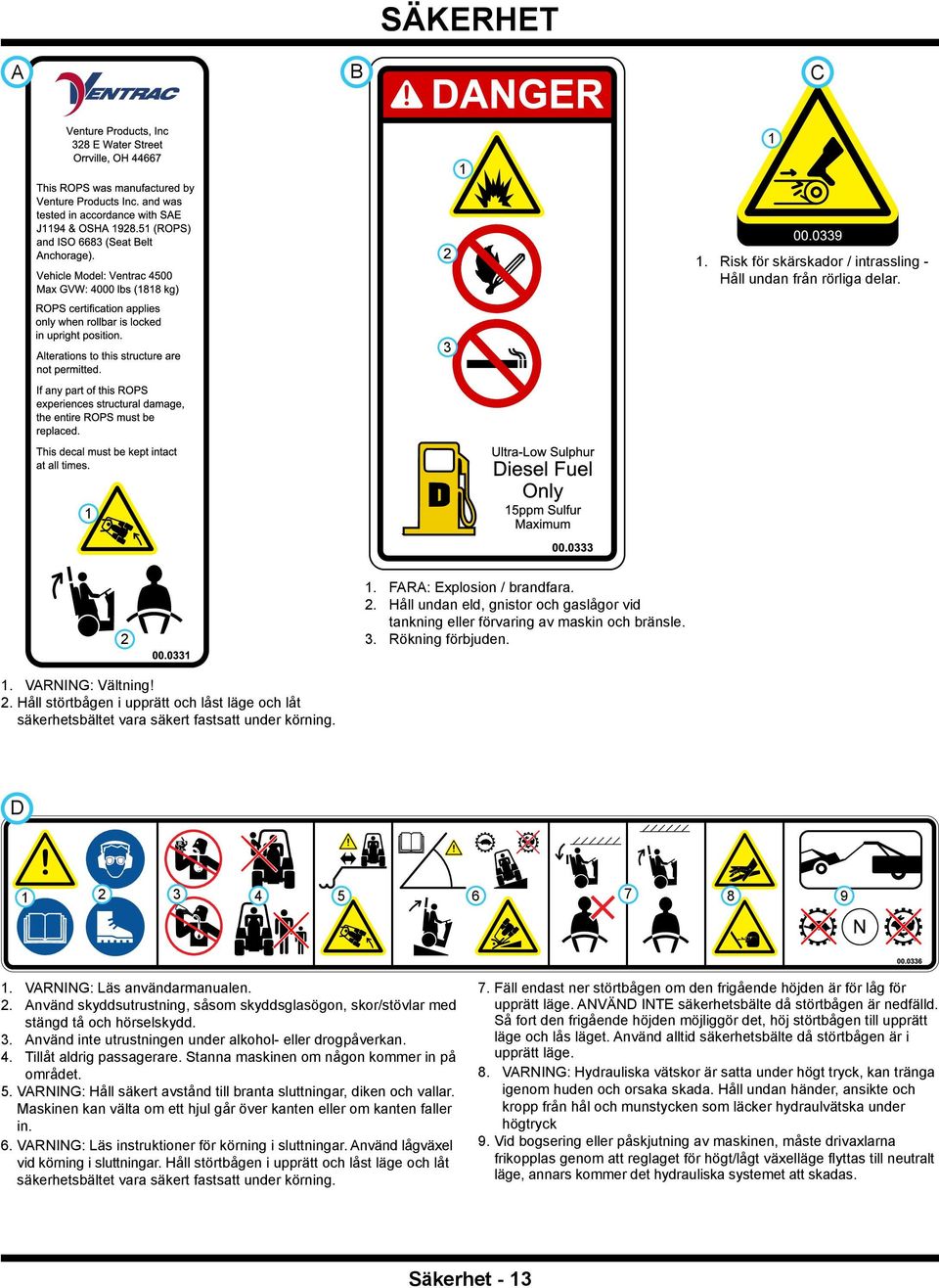 3. nvänd inte utrustningen under alkohol- eller drogpåverkan. 4. Tillåt aldrig passagerare. Stanna maskinen om någon kommer in på området. 5.