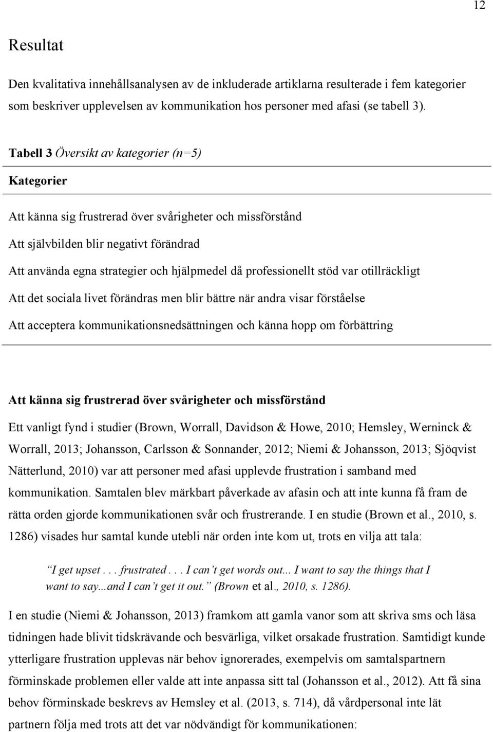 professionellt stöd var otillräckligt Att det sociala livet förändras men blir bättre när andra visar förståelse Att acceptera kommunikationsnedsättningen och känna hopp om förbättring Att känna sig