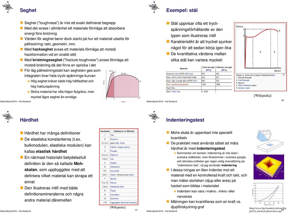 Med hackseghet avses ett materials förmåga att motstå hackformation vid en snabb stöt Med bristningsseghet ("fracture toughness") avses förmåga att motstå bristning då det finns en spricka i det För