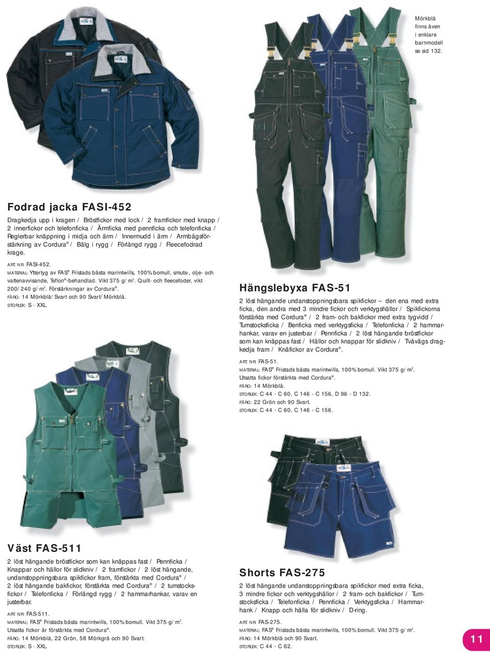 och ärm / Innermudd i ärm / Armbågsförstärkning av Cordura / Bälg i rygg / Förlängd rygg / Fleecefodrad krage. ART. NR: FASI-452.