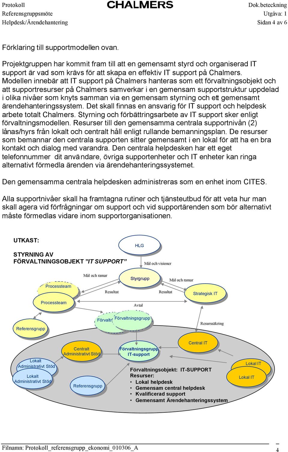 en gemensam styrning och ett gemensamt ärendehanteringssystem. Det skall finnas en ansvarig för support och helpdesk arbete totalt Chalmers.