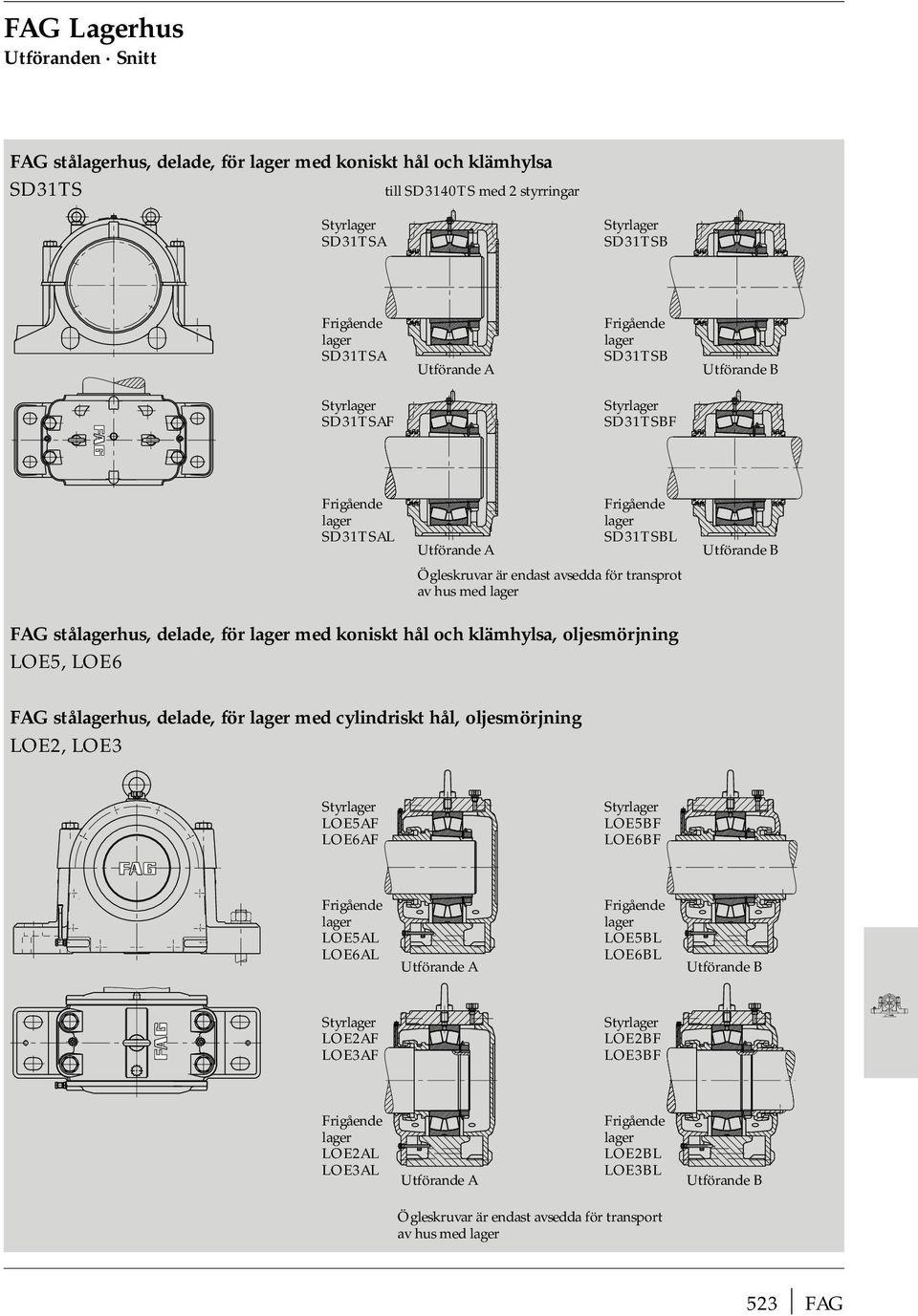 FAG stålaerhus, delade, för laer med koniskt hål och klämhylsa, oljesmörjnin LOE5, LOE6 FAG stålaerhus, delade, för laer med cylindriskt hål, oljesmörjnin LOE2, LOE3 Styrlaer LOE5AF LOE6AF Styrlaer