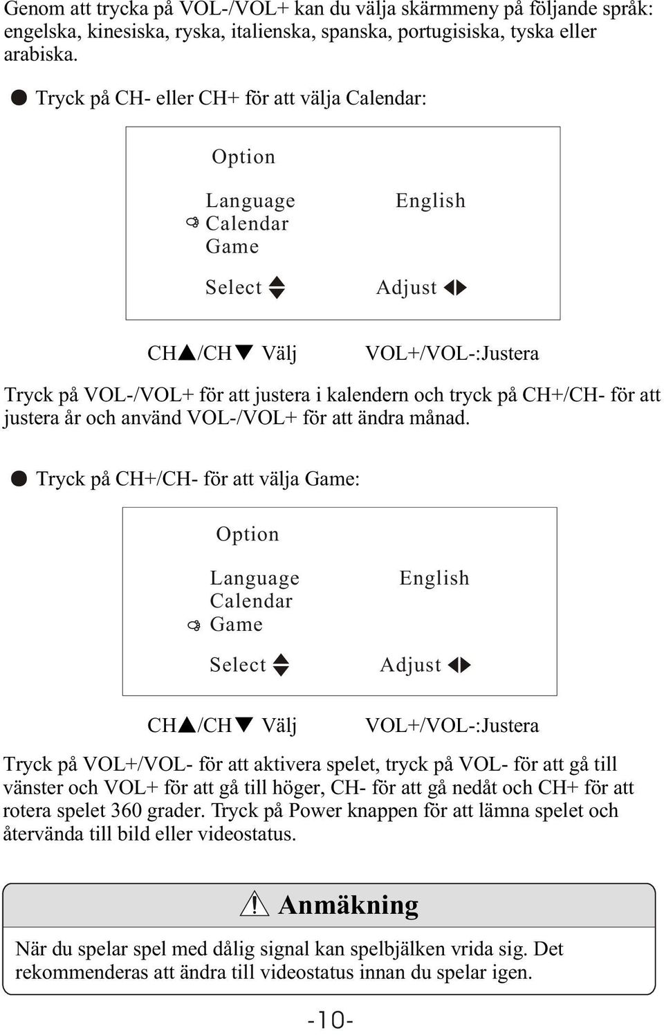 VOL-/VOL+ för att ändra månad.