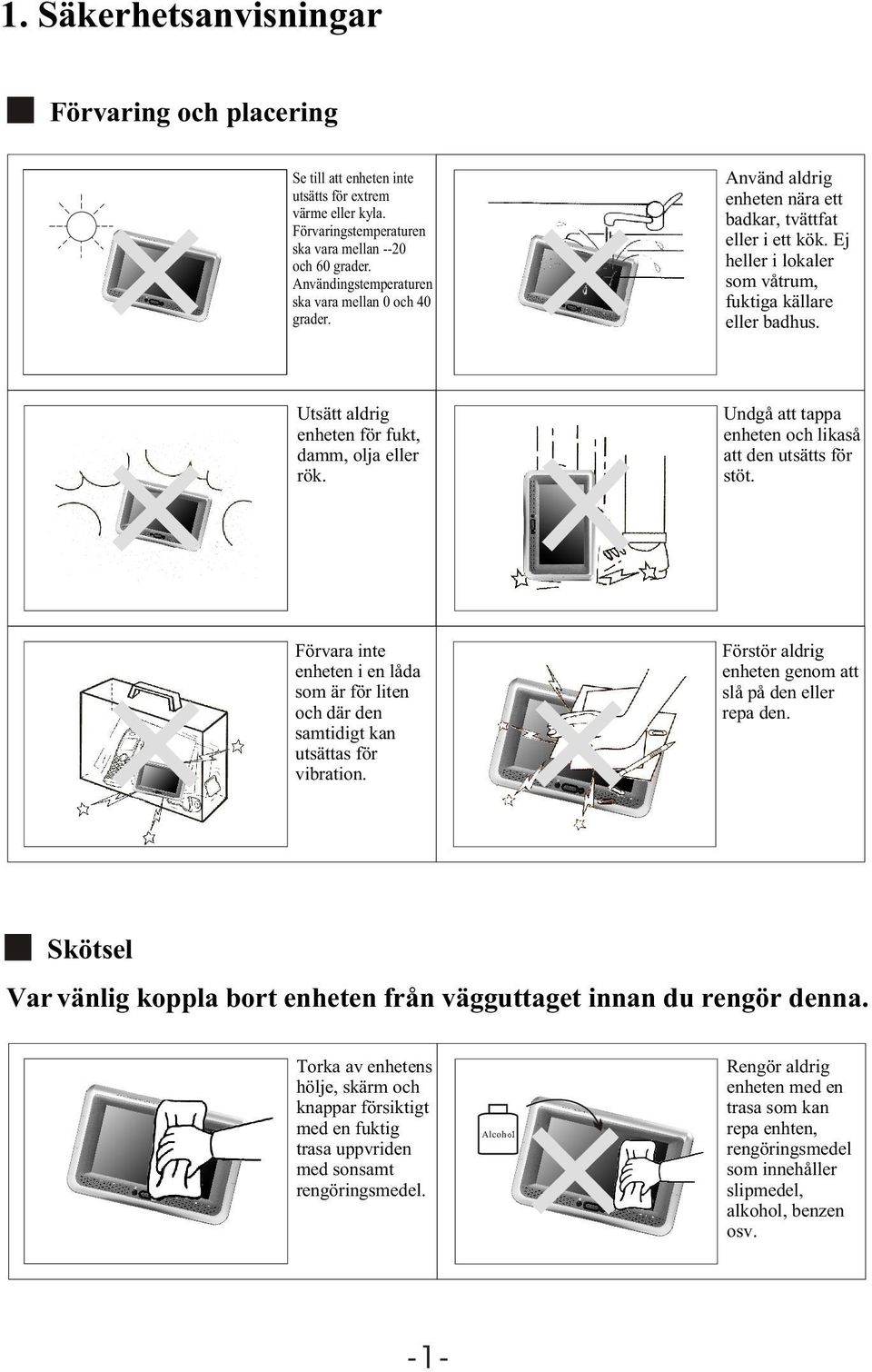 Utsätt aldrig enheten för fukt, damm, olja eller rök. Undgå att tappa enheten och likaså att den utsätts för stöt.