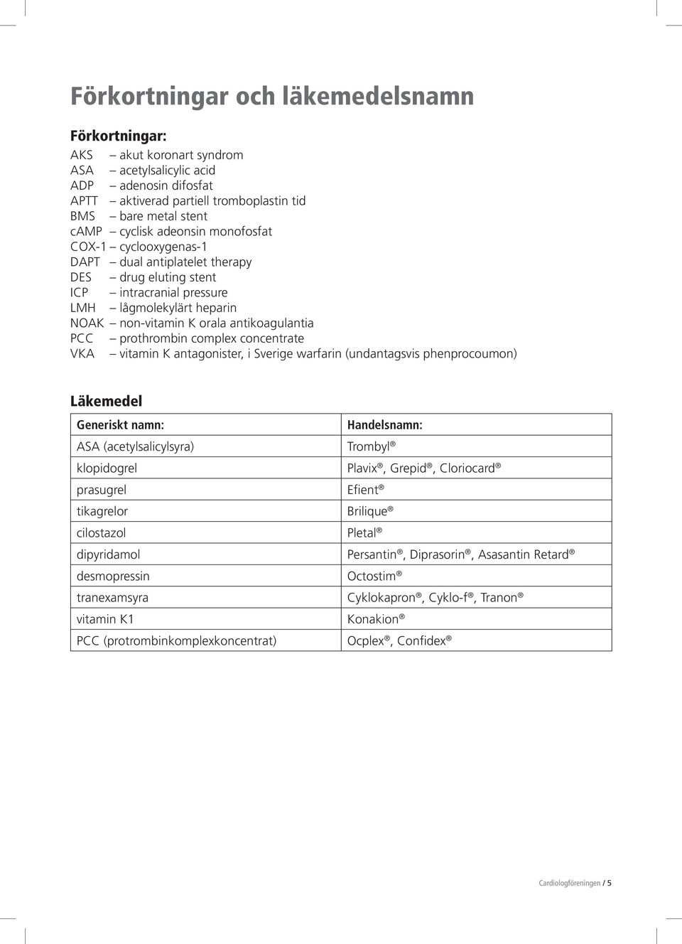 complex concentrate VKA vitamin K antagonister, i Sverige warfarin (undantagsvis phenprocoumon) Läkemedel Generiskt namn: Handelsnamn: ASA (acetylsalicylsyra) Trombyl klopidogrel Plavix, Grepid,