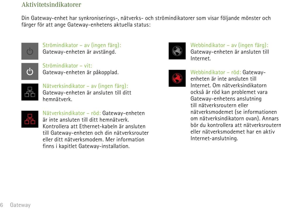 Nätverksindikator röd: -enheten är inte ansluten till ditt hemnätverk. Kontrollera att Ethernet-kabeln är ansluten till -enheten och din nätverksrouter eller ditt nätverksmodem.