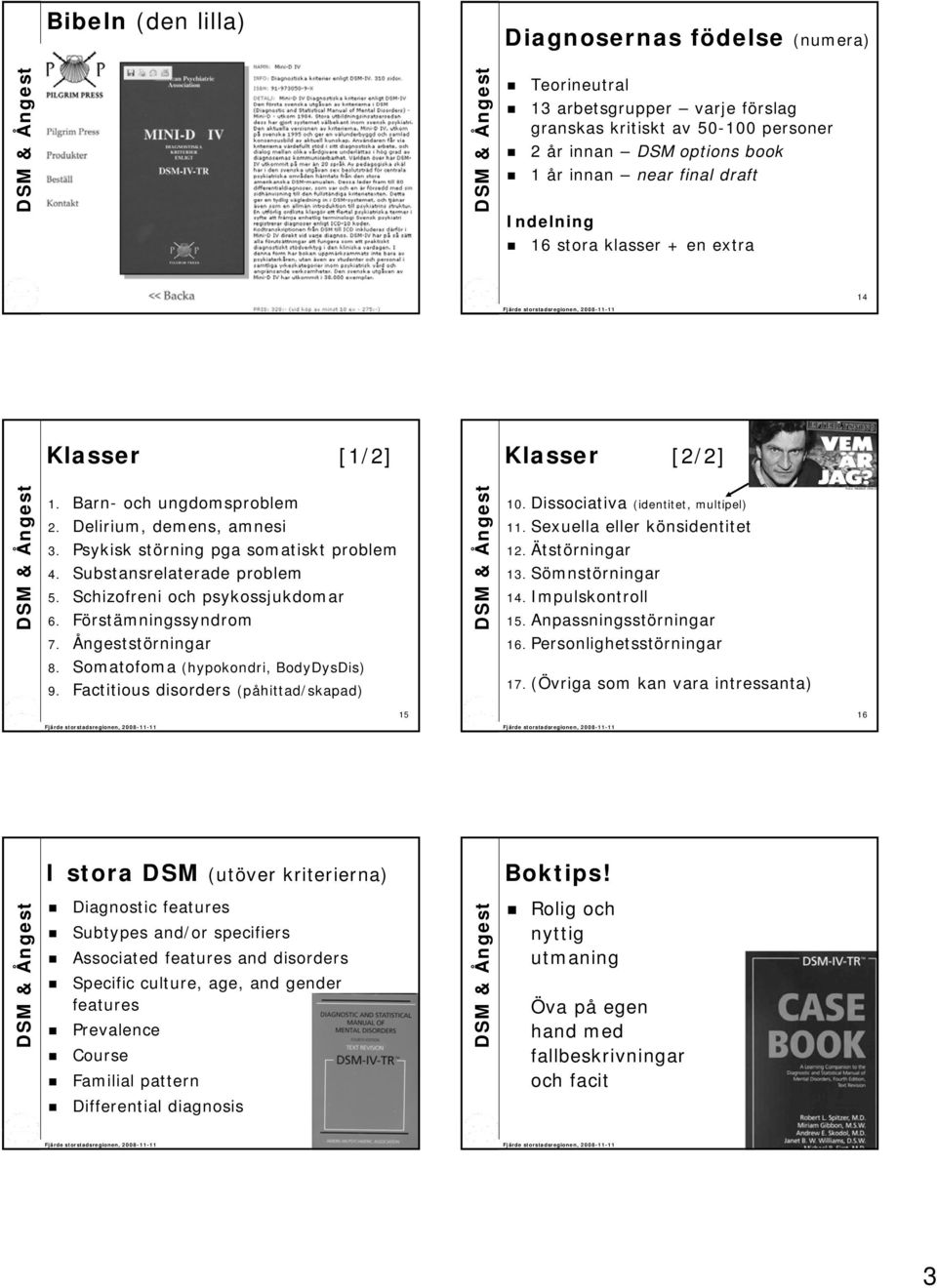 Schizofreni och psykossjukdomar 6. Förstämningssyndrom 7. Ångeststörningar 10. Dissociativa (identitet, multipel) 11. Sexuella eller könsidentitet 12. Ätstörningar 13. Sömnstörningar 14.