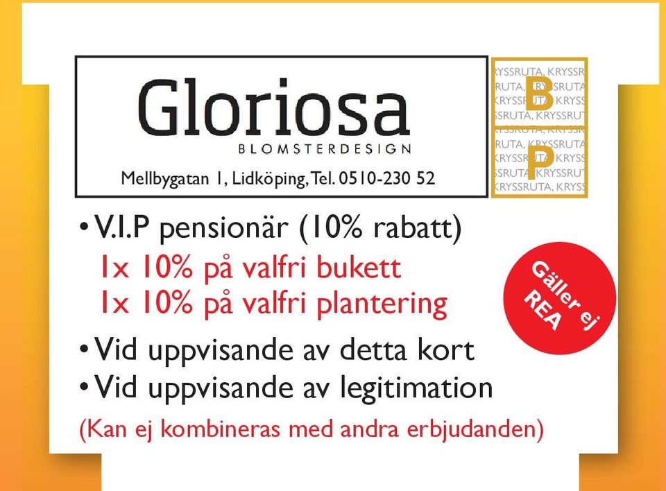 P pensionär (10% rabatt) 1x 10% på valfri