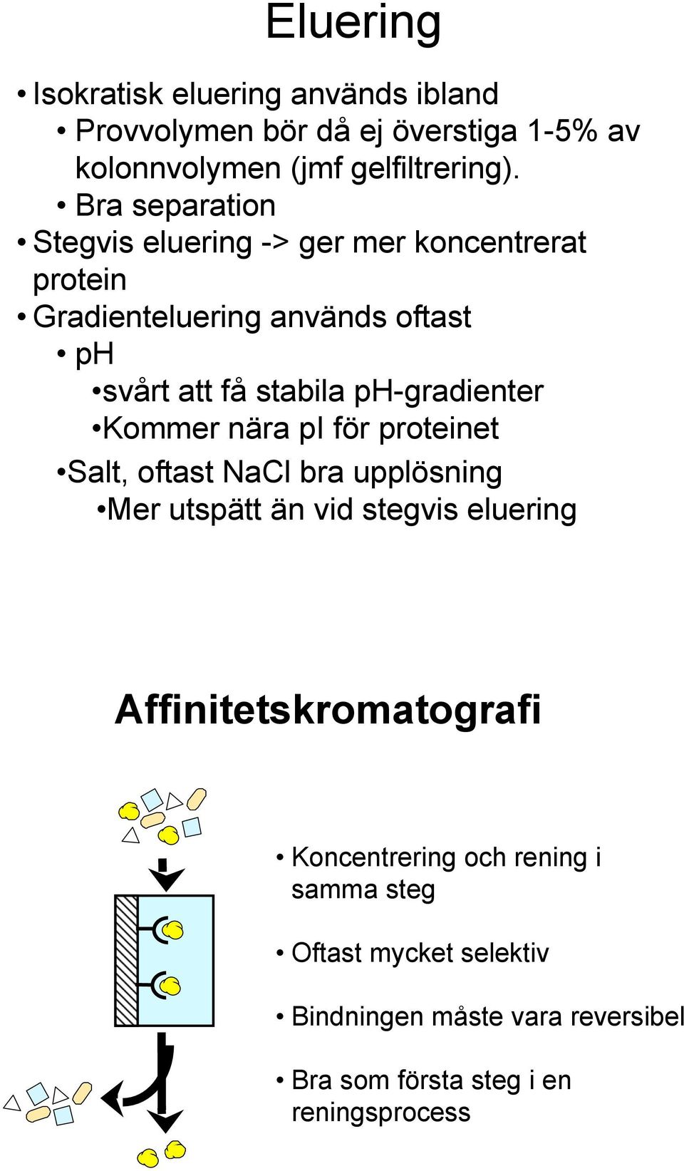 ph-gradienter Kommer nära pi för proteinet Salt, oftast NaCl bra upplösning Mer utspätt än vid stegvis eluering