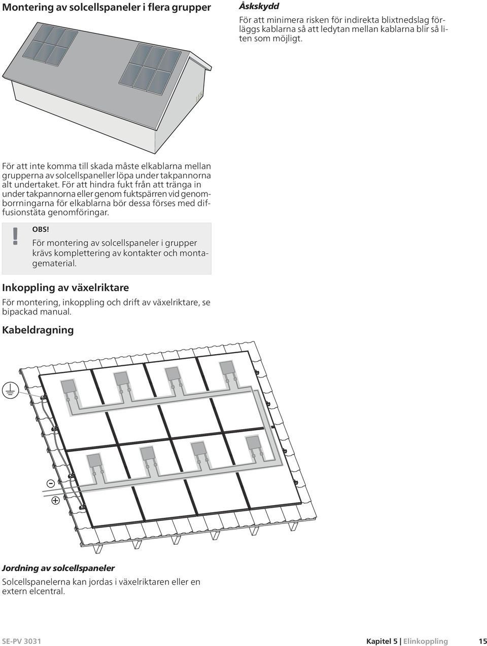 För att hindra fukt från att tränga in under takpannorna eller genom fuktspärren vid genomborrningarna för elkablarna bör dessa förses med diffusionstäta genomföringar. OBS!