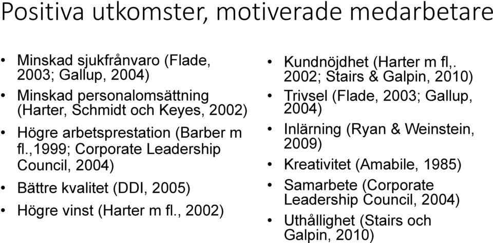 ,1999; Corporate Leadership Council, 2004) Bättre kvalitet (DDI, 2005) Högre vinst (Harter m fl., 2002) Kundnöjdhet (Harter m fl,.