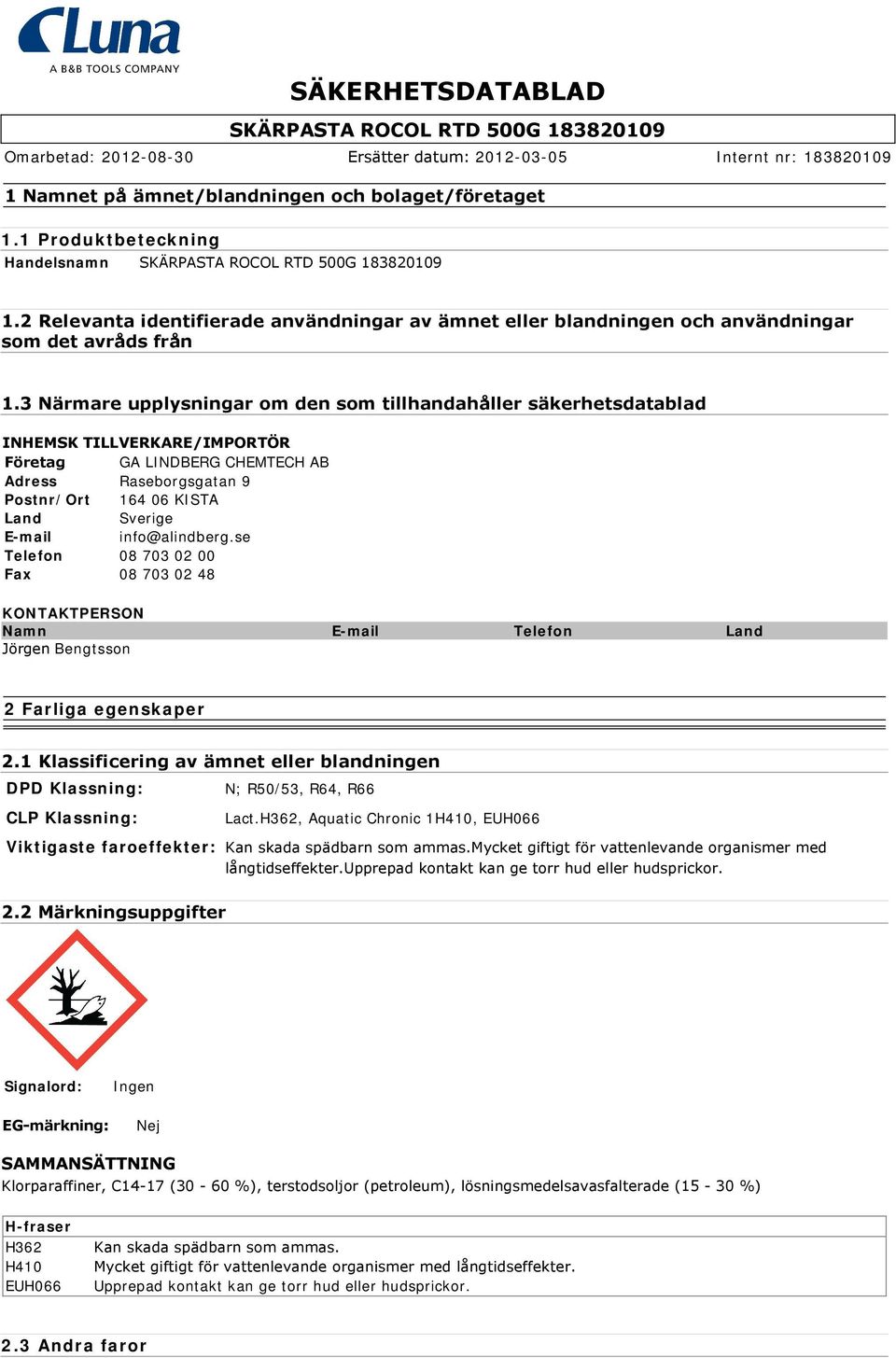 info@alindberg.se Telefon 08 703 02 00 Fax 08 703 02 48 KONTAKTPERSON Namn E-mail Telefon Land Jörgen Bengtsson 2 Farliga egenskaper 2.