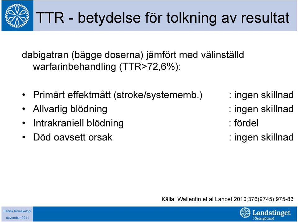 ) : ingen skillnad Allvarlig blödning : ingen skillnad Intrakraniell blödning :