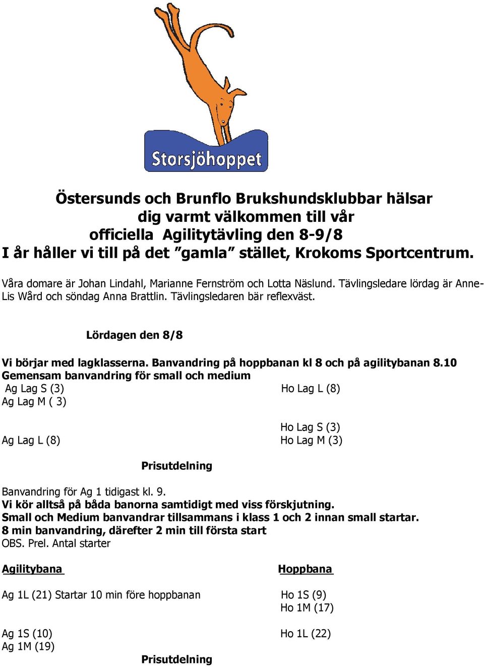 Lördagen den 8/8 Vi börjar med lagklasserna. Banvandring på hoppbanan kl 8 och på agilitybanan 8.