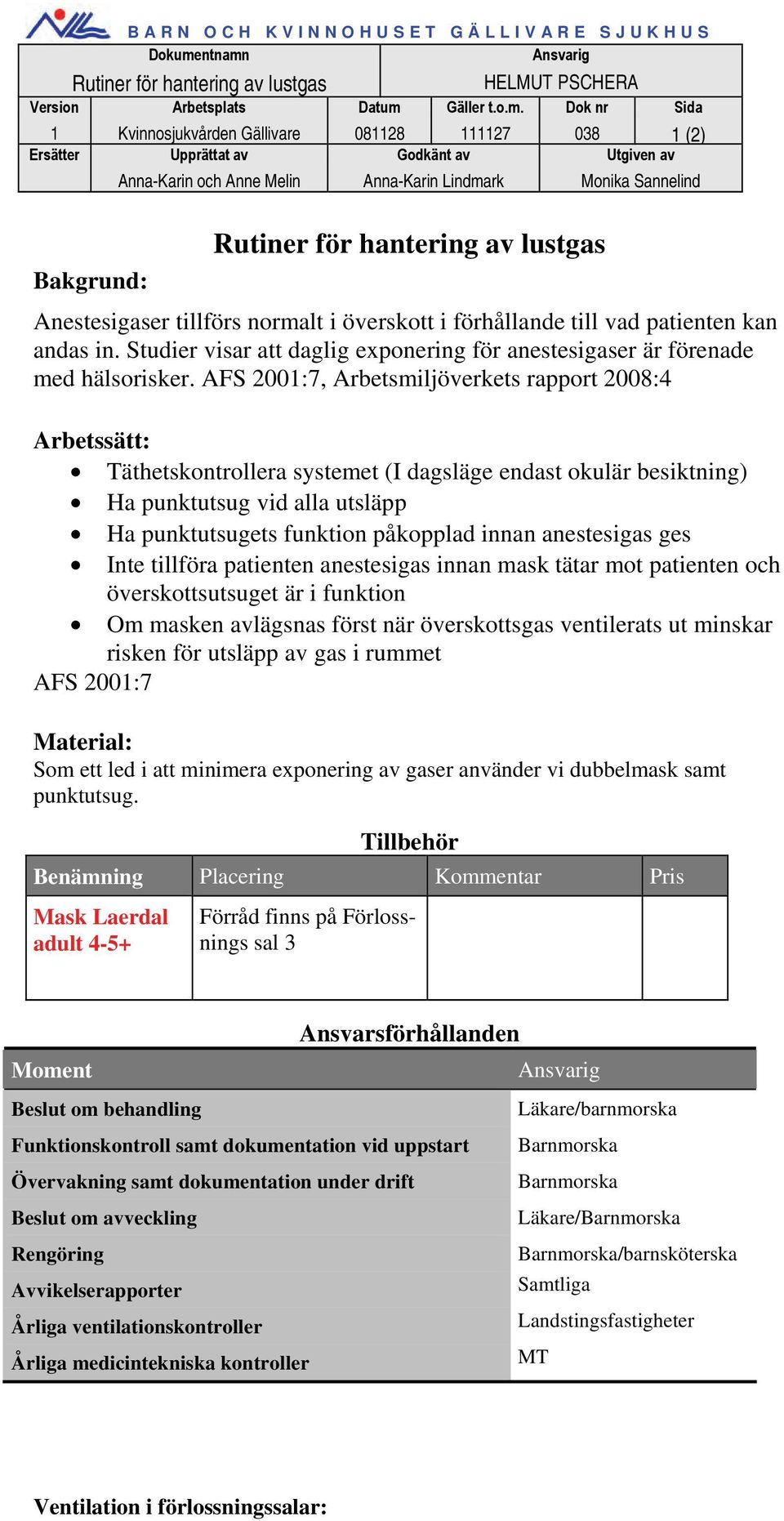 Ansvarig Rutiner för hantering av lustgas HELMUT PSCHERA Version Arbetsplats Datum 