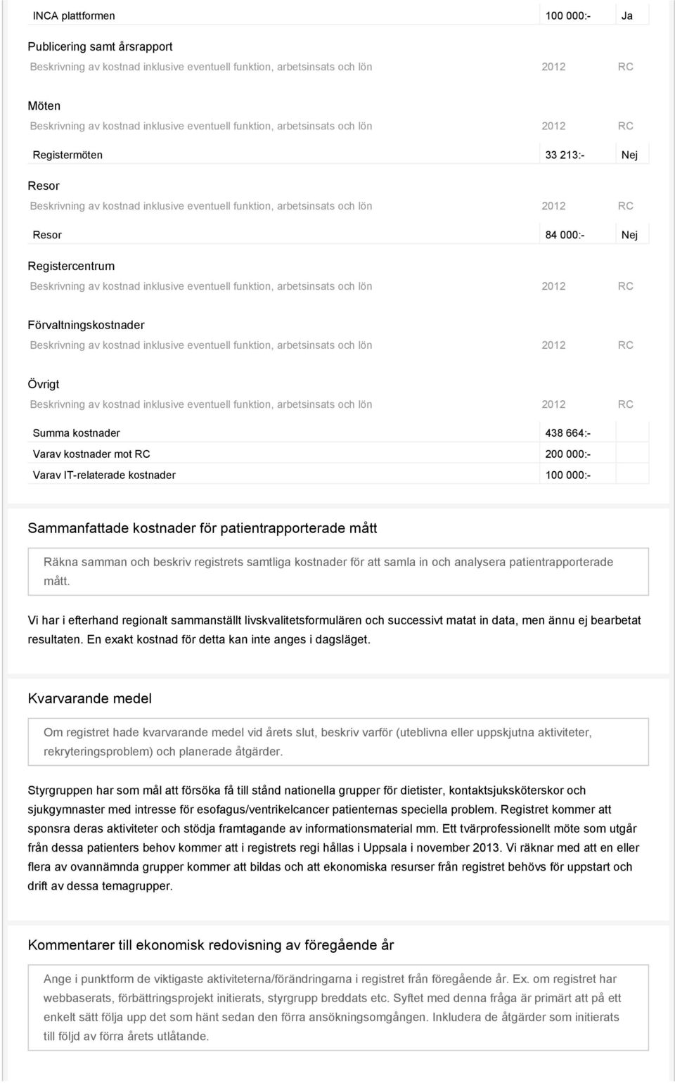 inklusive eventuell funktion, arbetsinsats och lön 2012 RC Förvaltningskostnader Beskrivning av kostnad inklusive eventuell funktion, arbetsinsats och lön 2012 RC Övrigt Beskrivning av kostnad