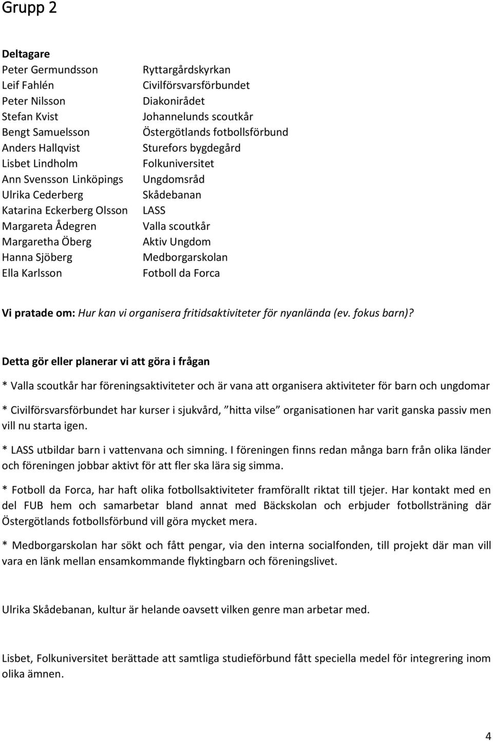 Folkuniversitet Ungdomsråd Skådebanan LASS Valla scoutkår Aktiv Ungdom Medborgarskolan Fotboll da Forca Vi pratade om: Hur kan vi organisera fritidsaktiviteter för nyanlända (ev. fokus barn)?