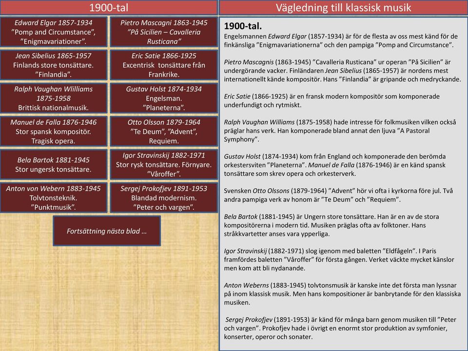 1900-tal Fortsättning nästa blad Pietro Mascagni 1863-1945 På Sicilien Cavalleria Rusticana Eric Satie 1866-1925 Excentrisk tonsättare från Frankrike. Gustav Holst 1874-1934 Engelsman. Planeterna.