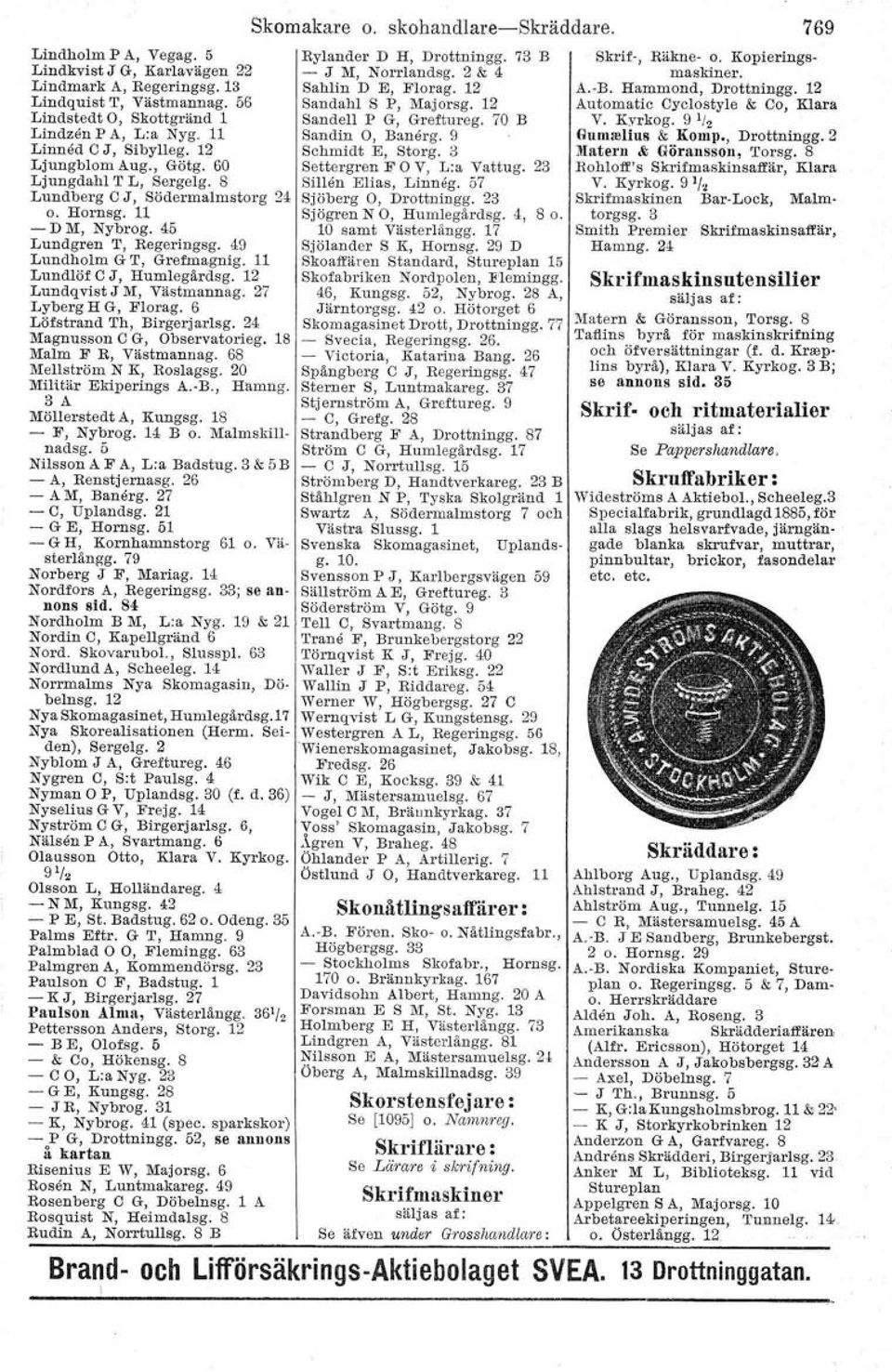 3 Ljungblom Aug., Götg. 60 Settergren F V, L:a Vattug. 23 Ljungdahl T L, Sergelg. 8 Sillen Elias, Linneg. 67 Lundberg OJ, Södermalmstorg 24 Sjöberg 0, Drottningg. 23 o. Hornsg.