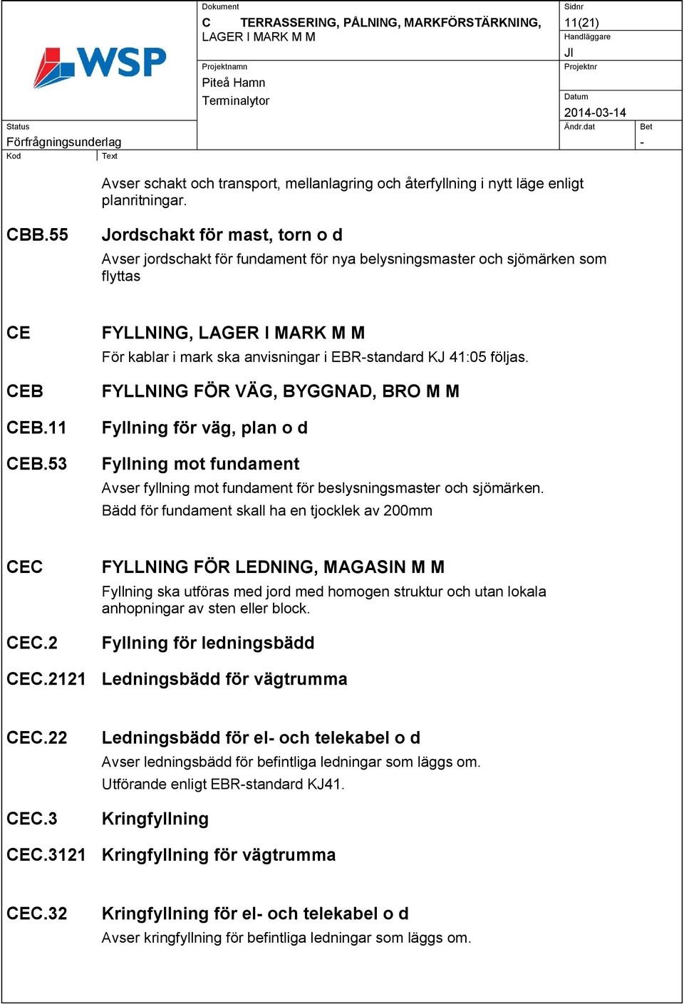 53 FYLLNING, LAGER I MARK M M För kablar i mark ska anvisningar i EBR-standard KJ 41:05 följas.