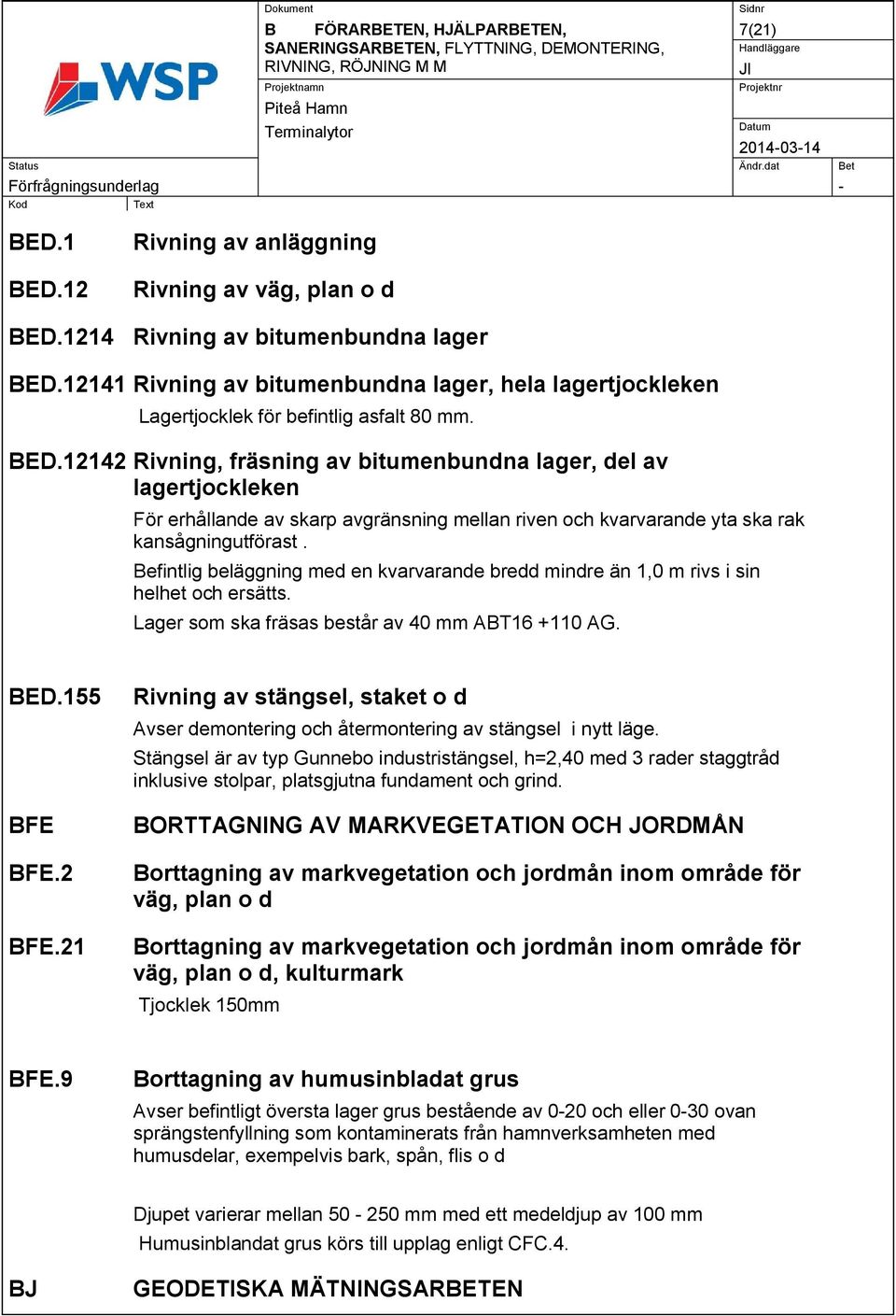 12141 Rivning av bitumenbundna lager, hela lagertjockleken Lagertjocklek för befintlig asfalt 80 mm. BED.