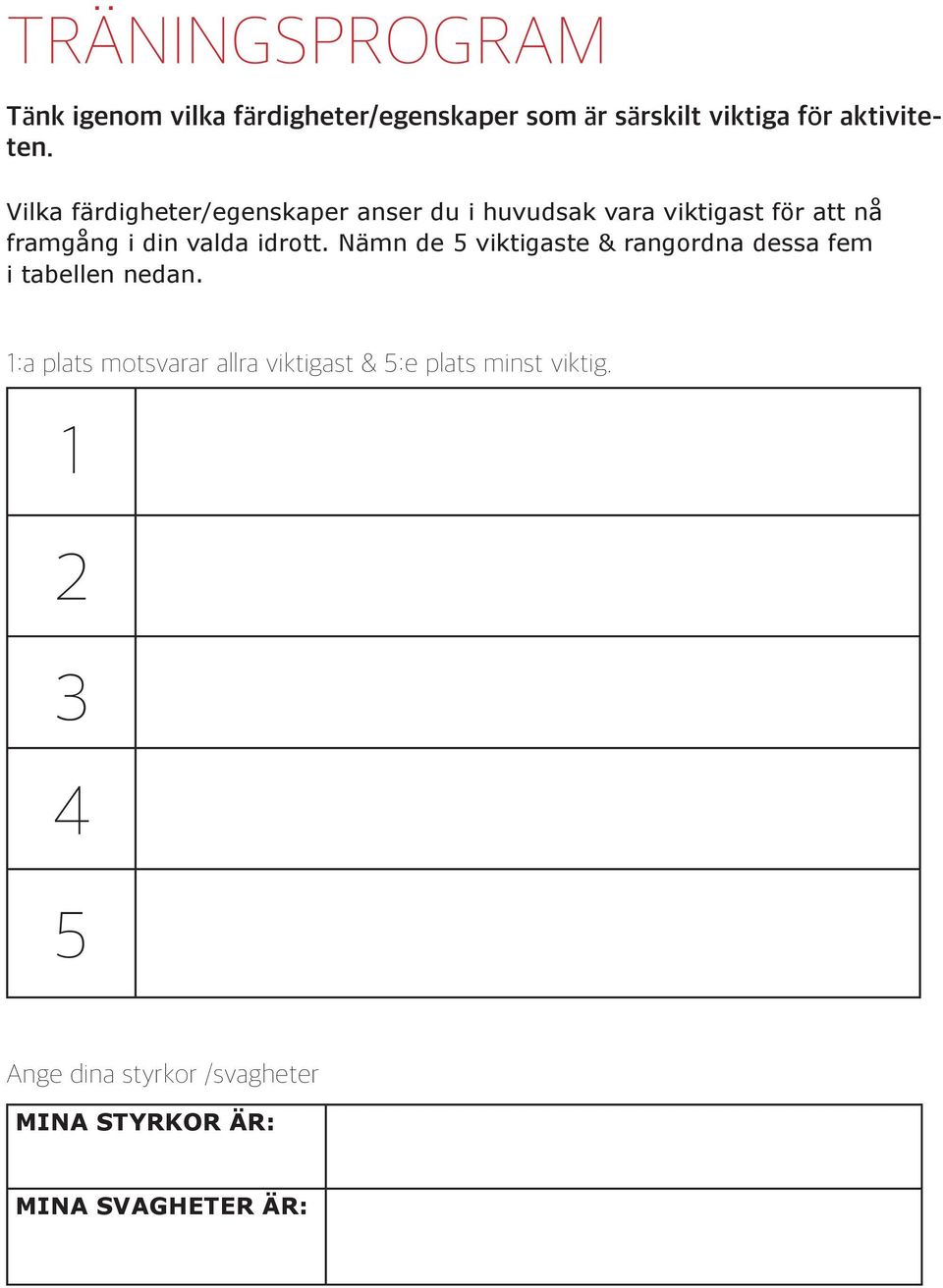 idrott. Nämn de 5 viktigaste & rangordna dessa fem i tabellen nedan.