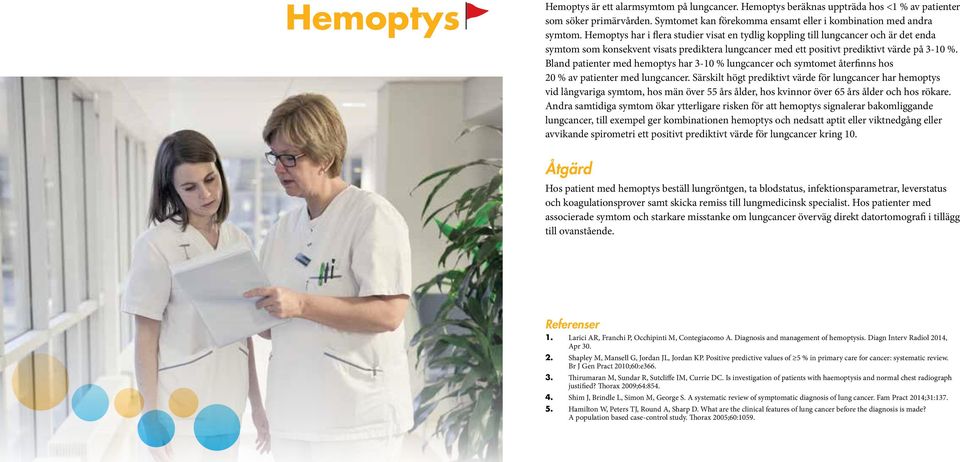 Bland patienter med hemoptys har 3-10 % lungcancer och symtomet återfinns hos 20 % av patienter med lungcancer.