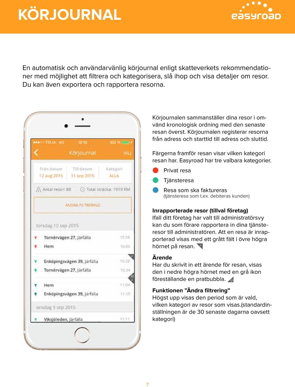 Körjournalen registerar resorna från adress och starttid till adress och sluttid. Färgerna framför resan visar vilken kategori resan har. Easyroad har tre valbara kategorier.