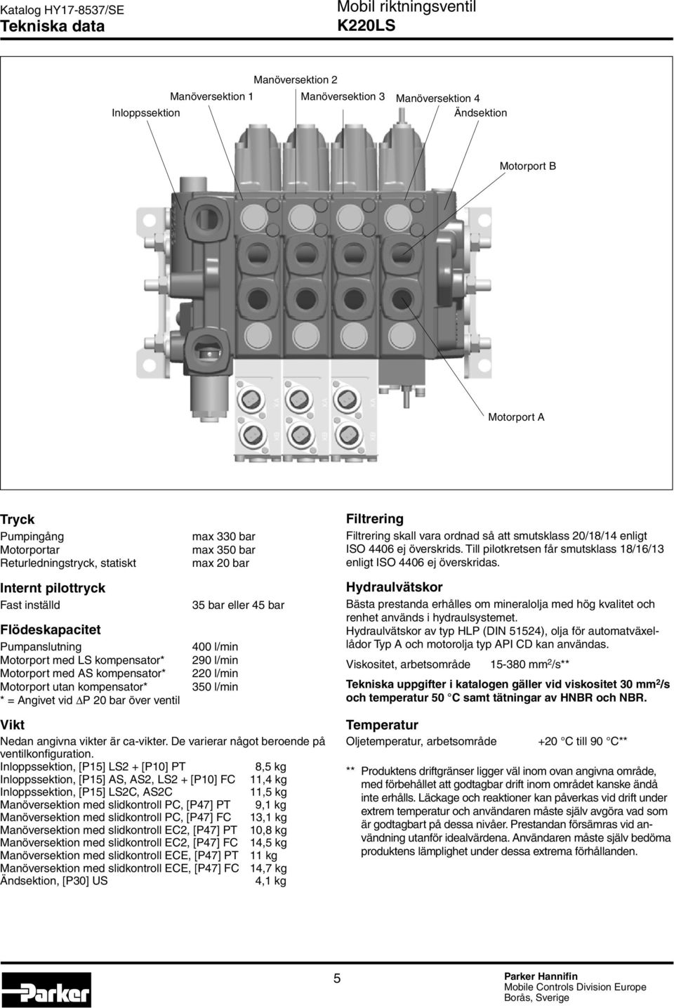350 bar max 20 bar 35 bar eller 45 bar 400 l/min 290 l/min 220 l/min 350 l/min Filtrering Filtrering skall vara ordnad så att smutsklass 20/18/14 enligt ISO 4406 ej överskrids.