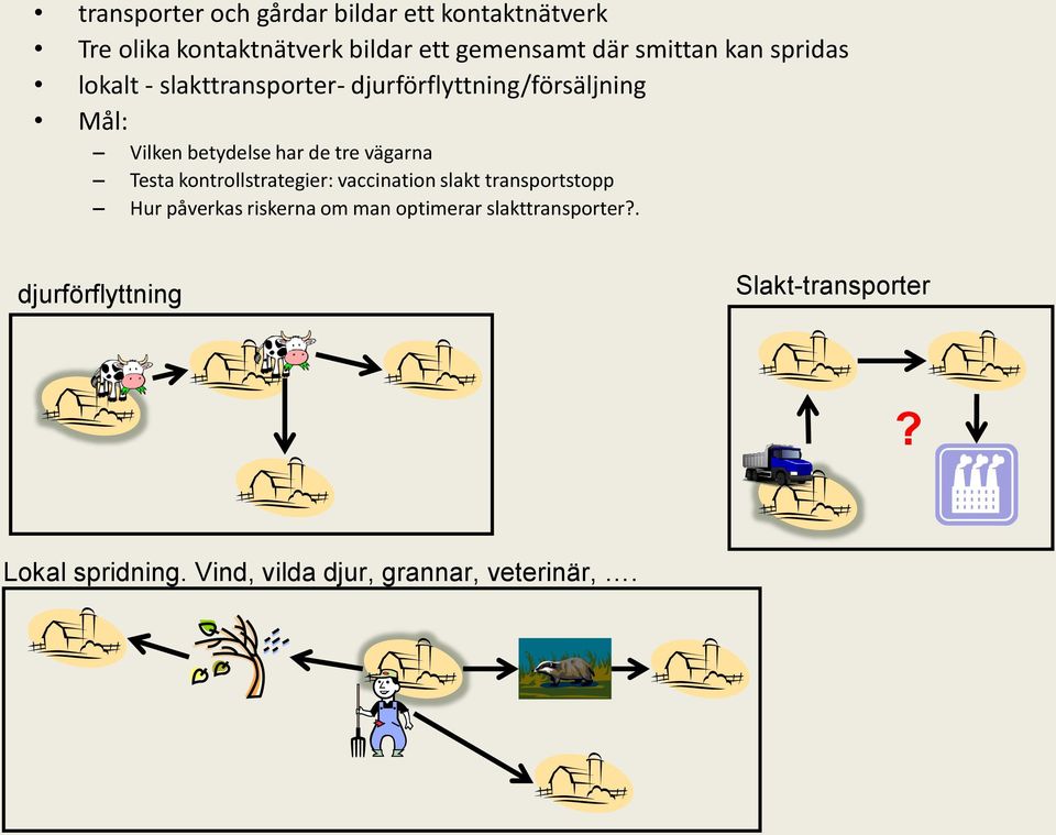 tre vägarna Testa kontrollstrategier: vaccination slakt transportstopp Hur påverkas riskerna om man