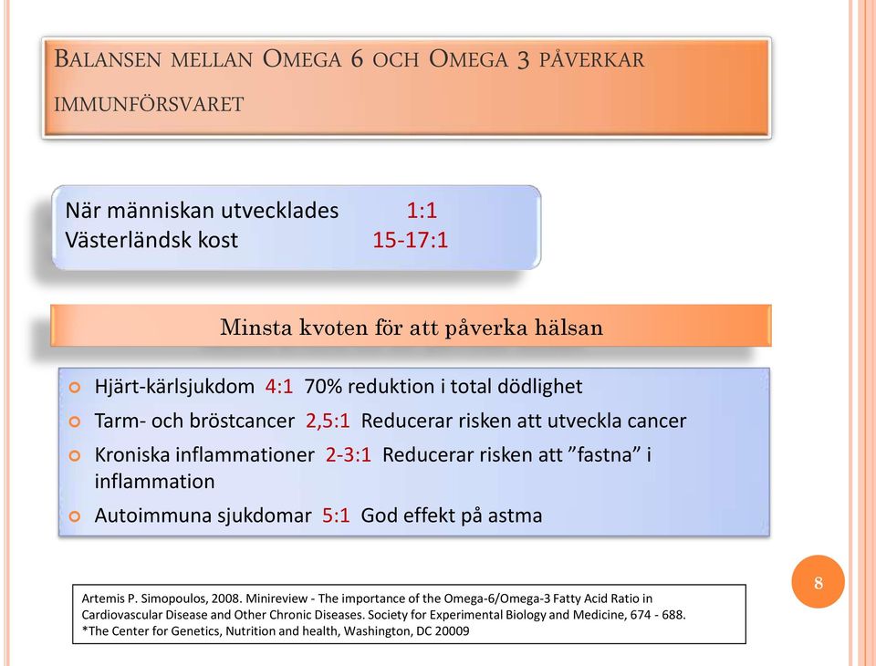 att fastna i inflammation Autoimmuna sjukdomar 5:1 God effekt på astma Artemis P. Simopoulos, 2008.