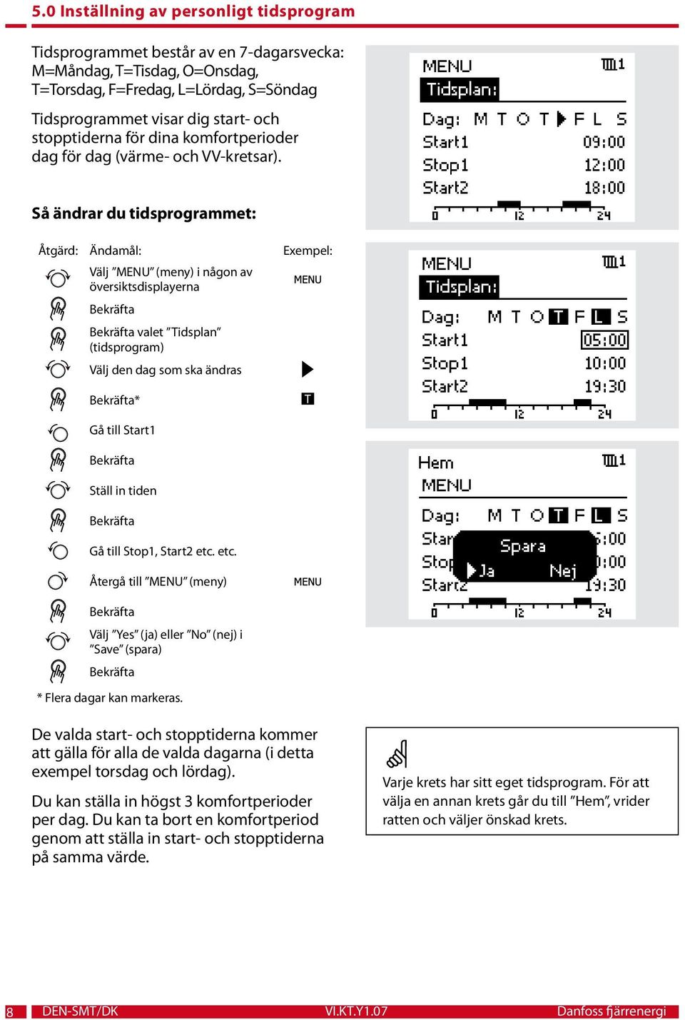 Så ändrar du tidsprogrammet: Åtgärd: Ändamål: Exempel: Välj MENU (meny) i någon av översiktsdisplayerna valet Tidsplan (tidsprogram) Välj den dag som ska ändras * T Gå till Start1 Ställ in tiden Gå