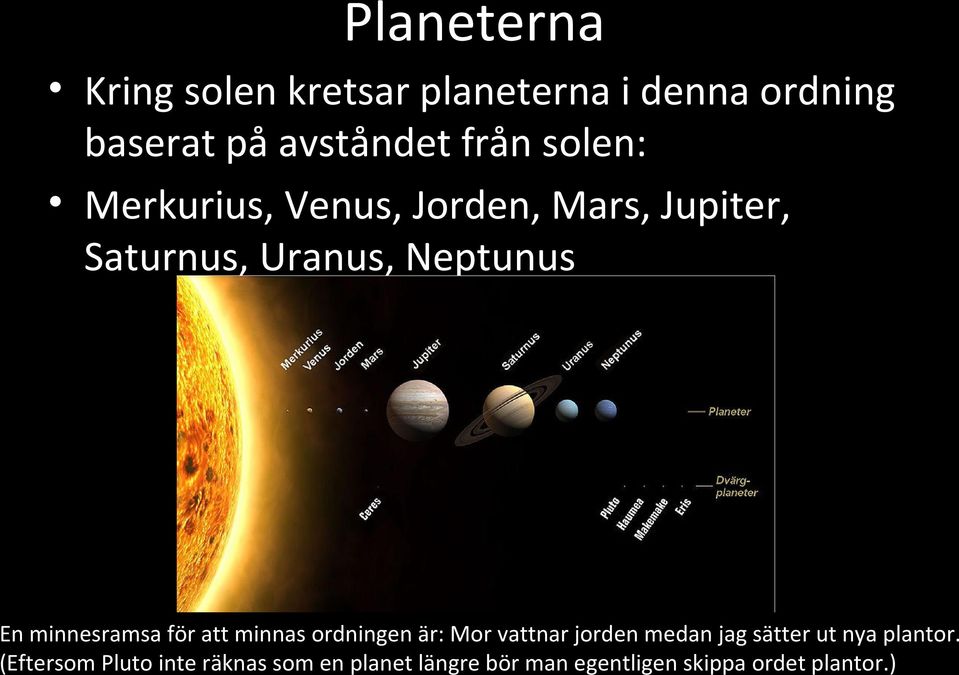 minnesramsa för att minnas ordningen är: Mor vattnar jorden medan jag sätter ut nya