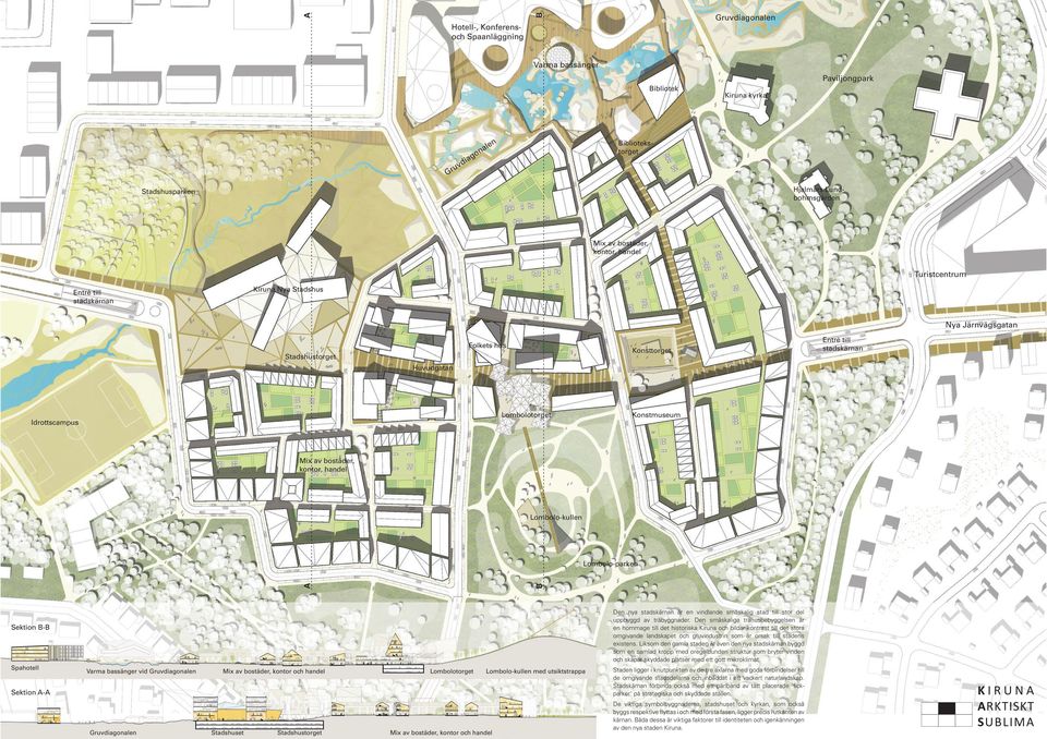 kontor, handel Lombolo-kullen B A Lombolo-parken Den nya stadskärnan är en vindlande småskalig stad till stor del uppbyggd av träbyggnader.