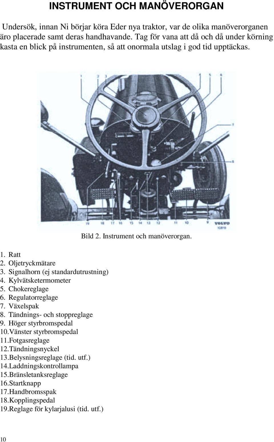 Signalhorn (ej standardutrustning) 4. Kylvätsketermometer 5. Chokereglage 6. Regulatorreglage 7. Växelspak 8. Tändnings- och stoppreglage 9. Höger styrbromspedal 10.