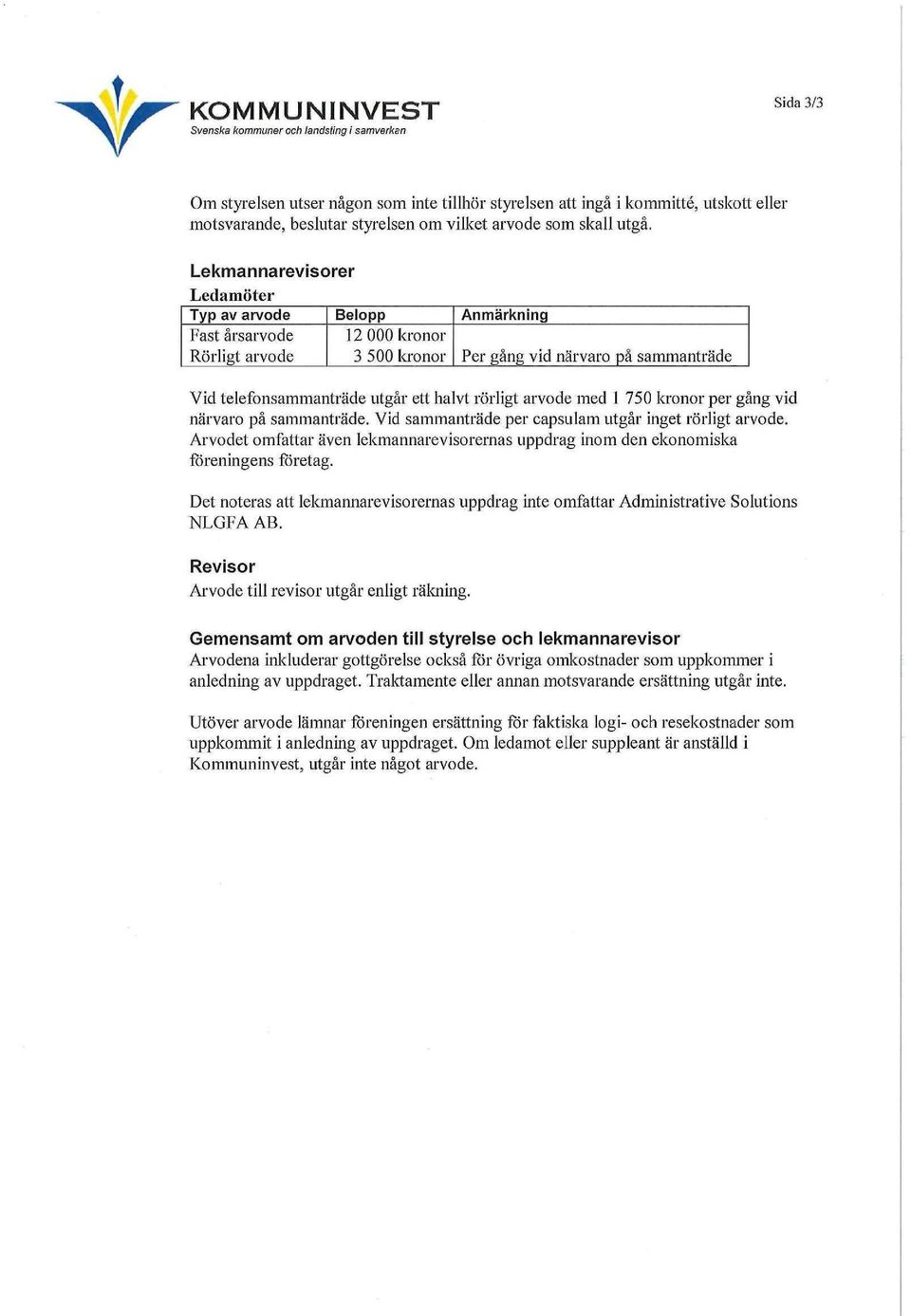 Lekmannarevisorer Ledamöter Typ av arvode Belopp Fast årsarvode 12 000 kronor Rörligt arvode 3 500 kronor Anmärkning Per gång vid närvaro på sammanträde Vid telefonsammanträde utgår ett halvt rörligt