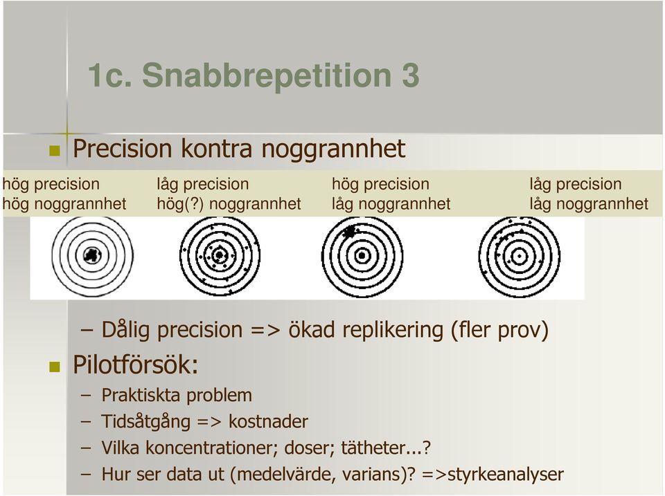 ) noggrannhet låg noggrannhet låg noggrannhet Dålig precision => ökad replikering (fler prov)