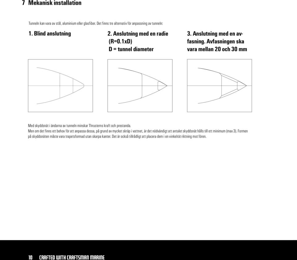 1xD) Avfasningen ska D = tunnel diameter vara mellan 20 och 30 mm Med skyddsnät i ändarna av tunneln minskar Thrusterns kraft och prestanda.