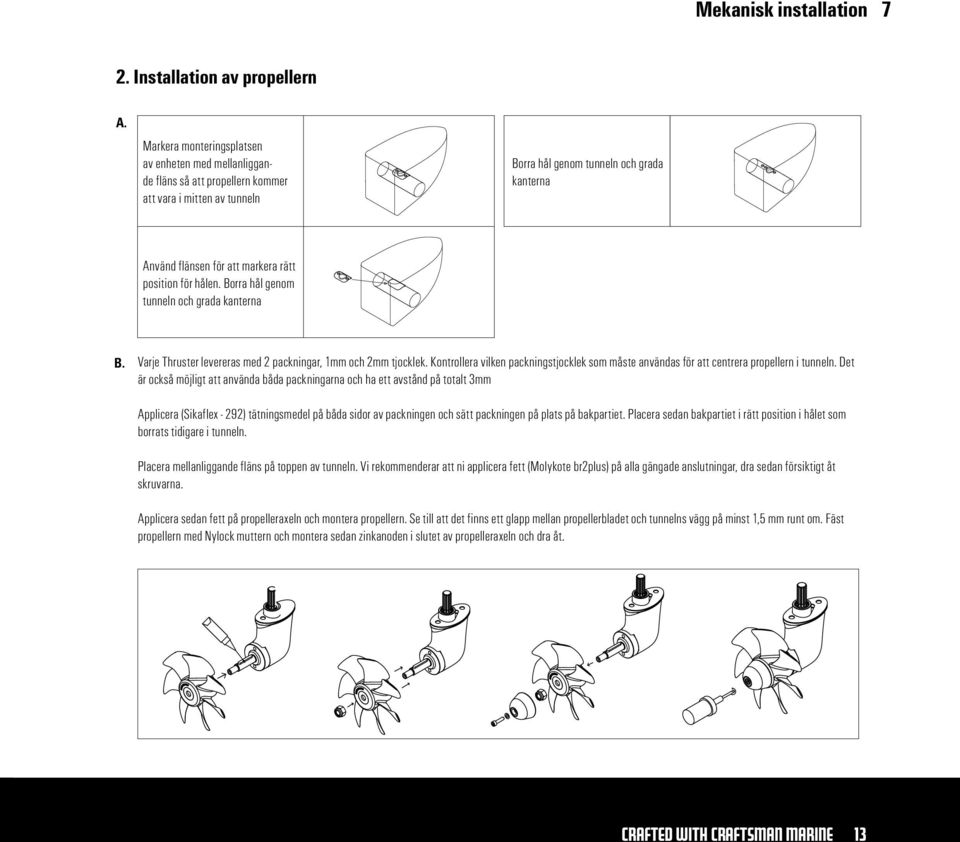 position för hålen. Borra hål genom tunneln och grada kanterna B. Varje Thruster levereras med 2 packningar, 1mm och 2mm tjocklek.
