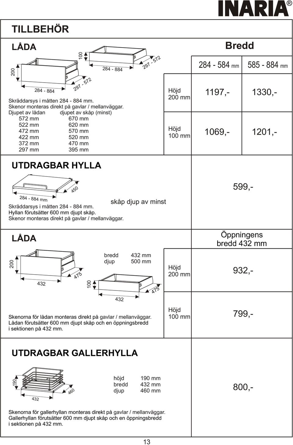 mm 450 Skräddarsys i måtten 284-884 mm. Hyllan förutsätter 600 mm djupt skåp. Skenor monteras direkt på gavlar / mellanväggar.