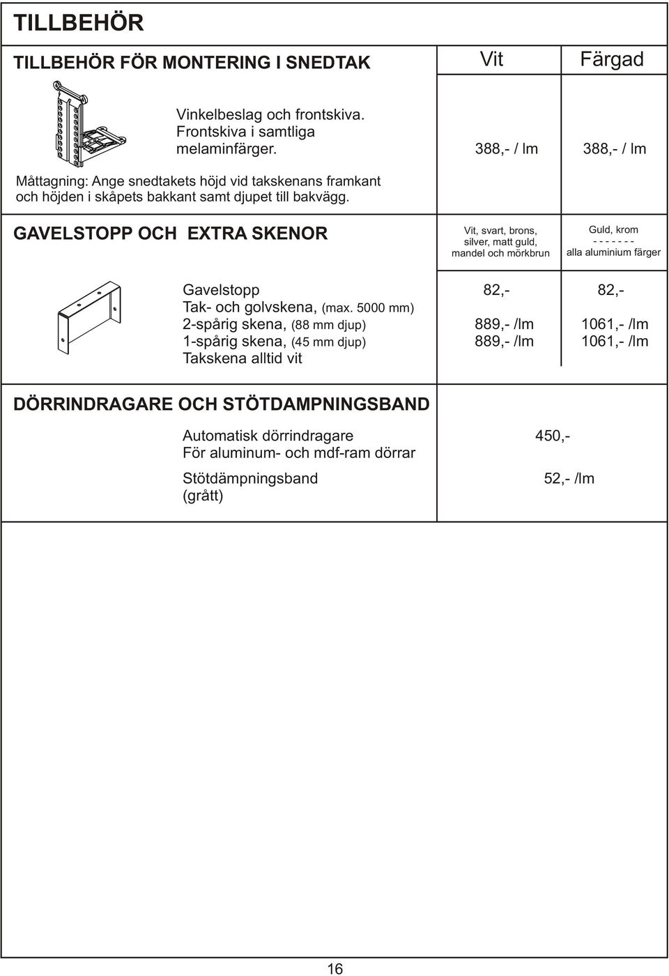 GAVELSTOPP OCH EXTRA SKENOR Vit, svart, brons, silver, matt guld, mandel och mörkbrun Guld, krom - - - - - - - alla aluminium färger Gavelstopp 82,- 82,- Tak- och golvskena,