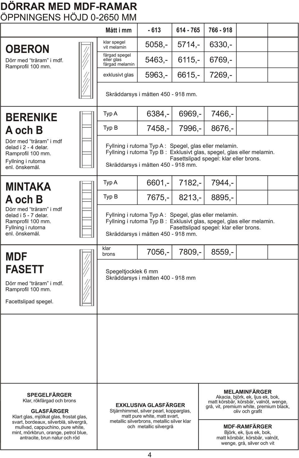 Ramprofil 100 mm. Fyllning i rutorna enl. önskemål. MINTAKA A och B Dörr med träram i mdf delad i 5-7 delar. Ramprofil 100 mm. Fyllning i rutorna enl. önskemål. MDF FASETT Dörr med träram i mdf.