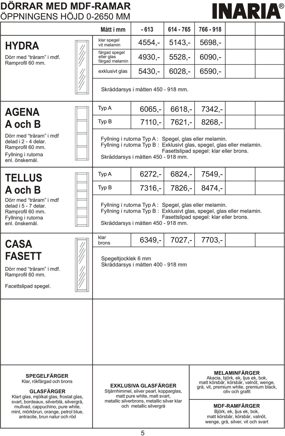 AGENA A och B Dörr med träram i mdf delad i 2-4 delar. Ramprofil 60 mm. Fyllning i rutorna enl. önskemål. TELLUS A och B Dörr med träram i mdf delad i 5-7 delar. Ramprofil 60 mm. Fyllning i rutorna enl. önskemål. CASA FASETT Dörr med träram i mdf.