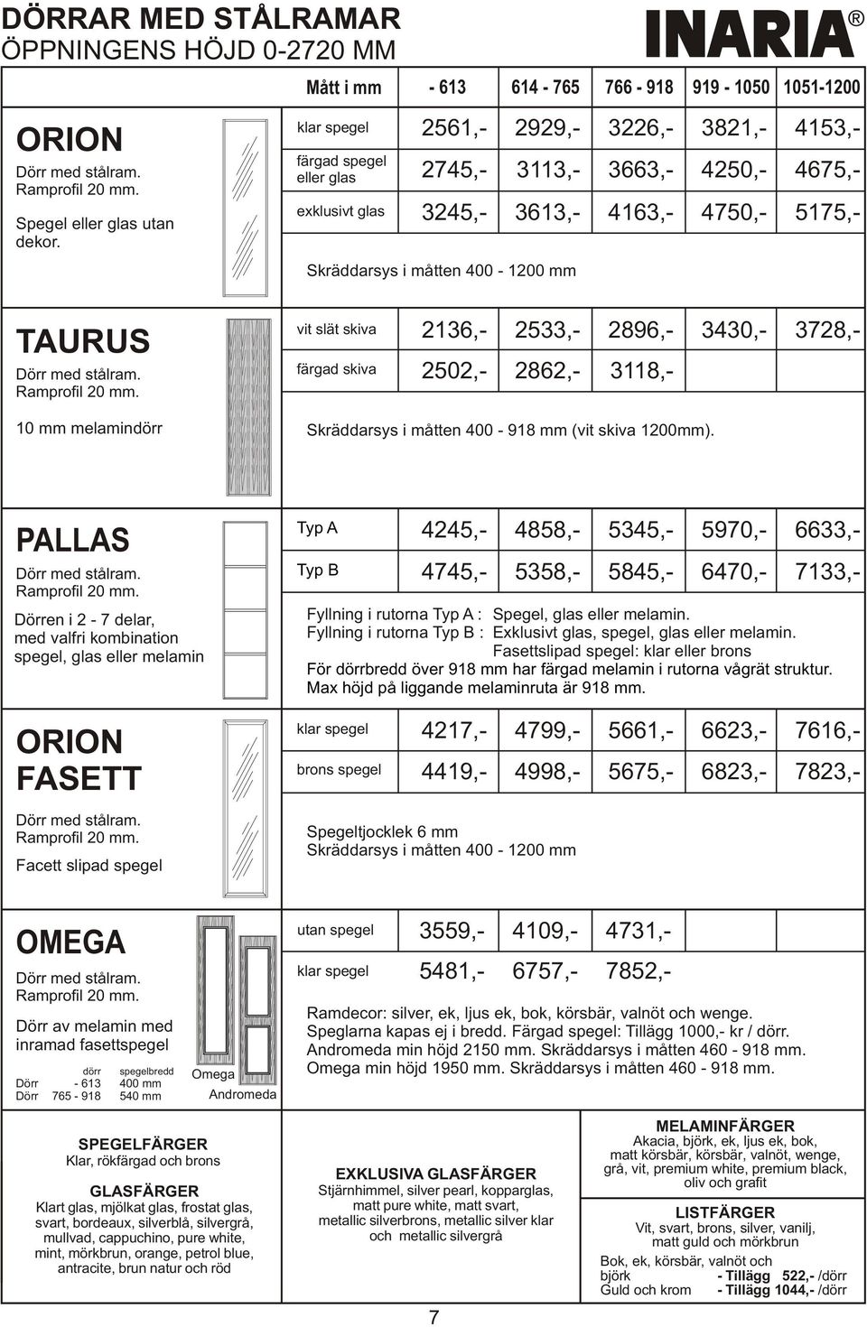 mm TAURUS Dörr med stålram. Ramprofil 20 mm. slät skiva färgad skiva 2136,- 2533,- 2896,- 3430,- 3728,- 2502,- 2862,- 3118,- 10 mm melamindörr Skräddarsys i måtten 400-918 mm ( skiva 1200mm).