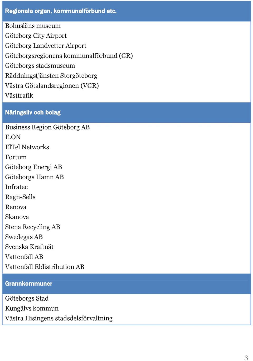 Räddningstjänsten Storgöteborg Västra Götalandsregionen (VGR) Västtrafik Näringsliv och bolag Business Region Göteborg AB E.