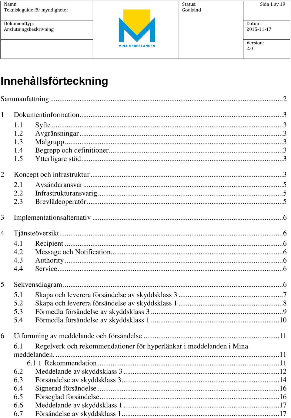 ..6 4.3 Authority...6 4.4 Service...6 5 Sekvensdiagram...6 5.1 Skapa och leverera försändelse av skyddsklass 3...7 5.2 Skapa och leverera försändelse av skyddsklass 1...8 5.