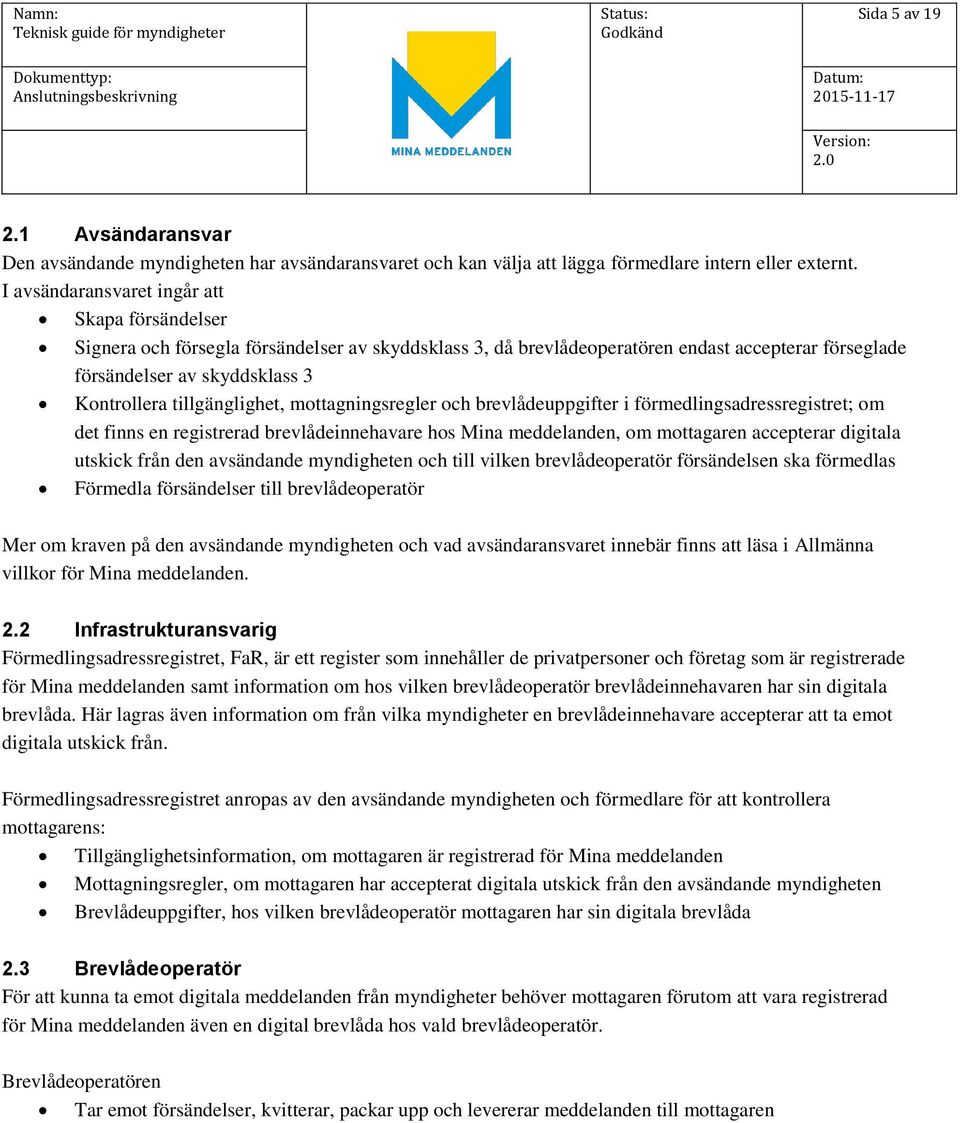 tillgänglighet, mottagningsregler och brevlådeuppgifter i förmedlingsadressregistret; om det finns en registrerad brevlådeinnehavare hos Mina meddelanden, om mottagaren accepterar digitala utskick