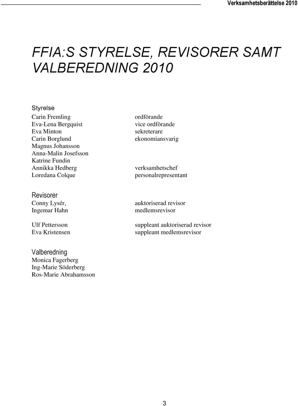 ekonomiansvarig verksamhetschef personalrepresentant Revisorer Conny Lysér, Ingemar Hahn Ulf Pettersson Eva Kristensen auktoriserad